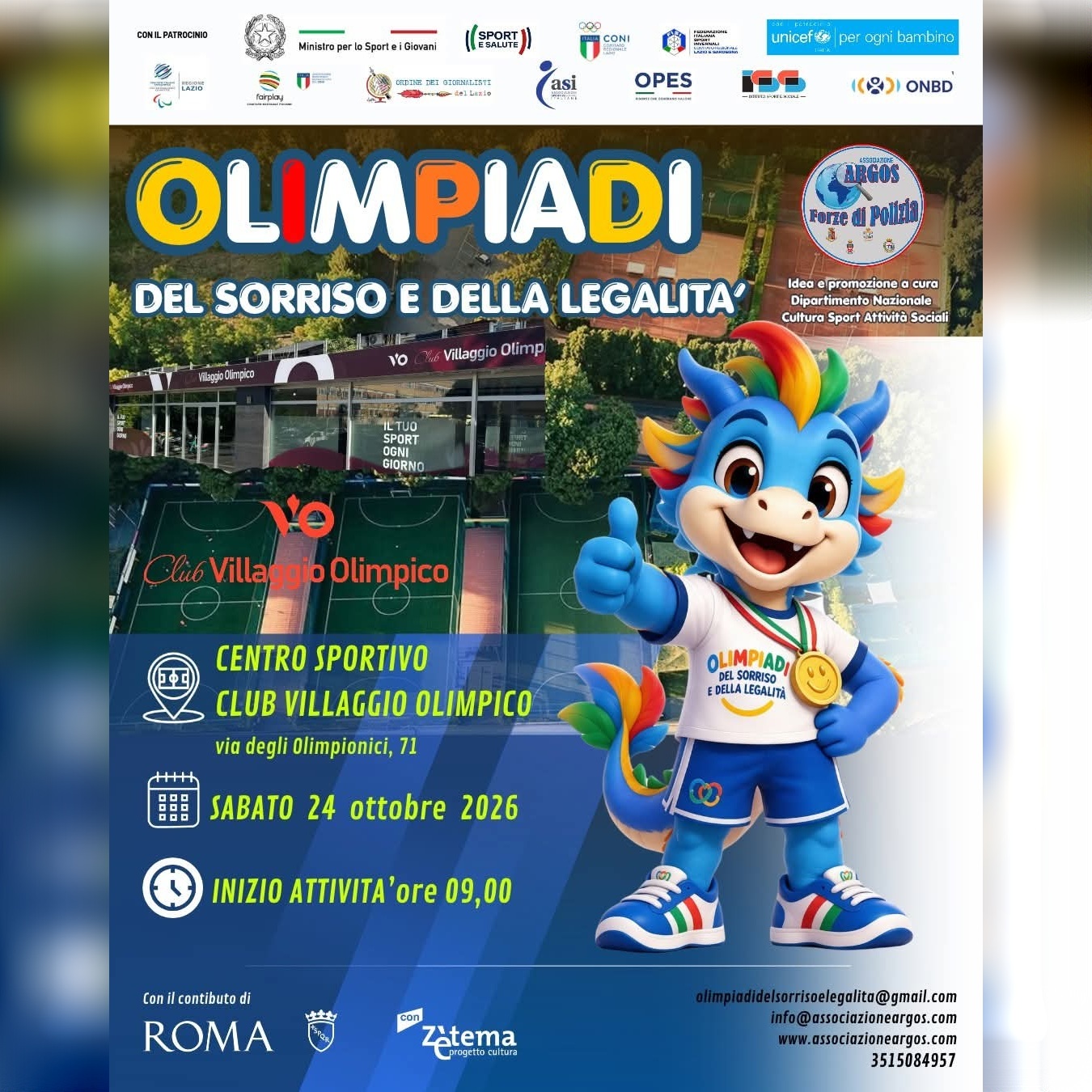 Locandina Olimpiadi del Sorriso e della Legalità, 24 ottobre 2026, Club Villaggio Olimpico a Roma